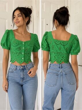Green Eyelet Puff-Sleeve Crop Top - Brand:
